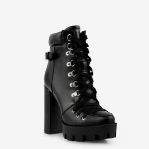 Black Lace-Up Chunky Heel Boots